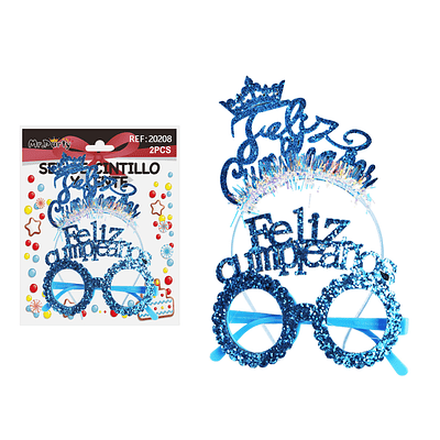 Set de cintillo y lentes Feliz cumpleaños azul con glitter 2pcs
