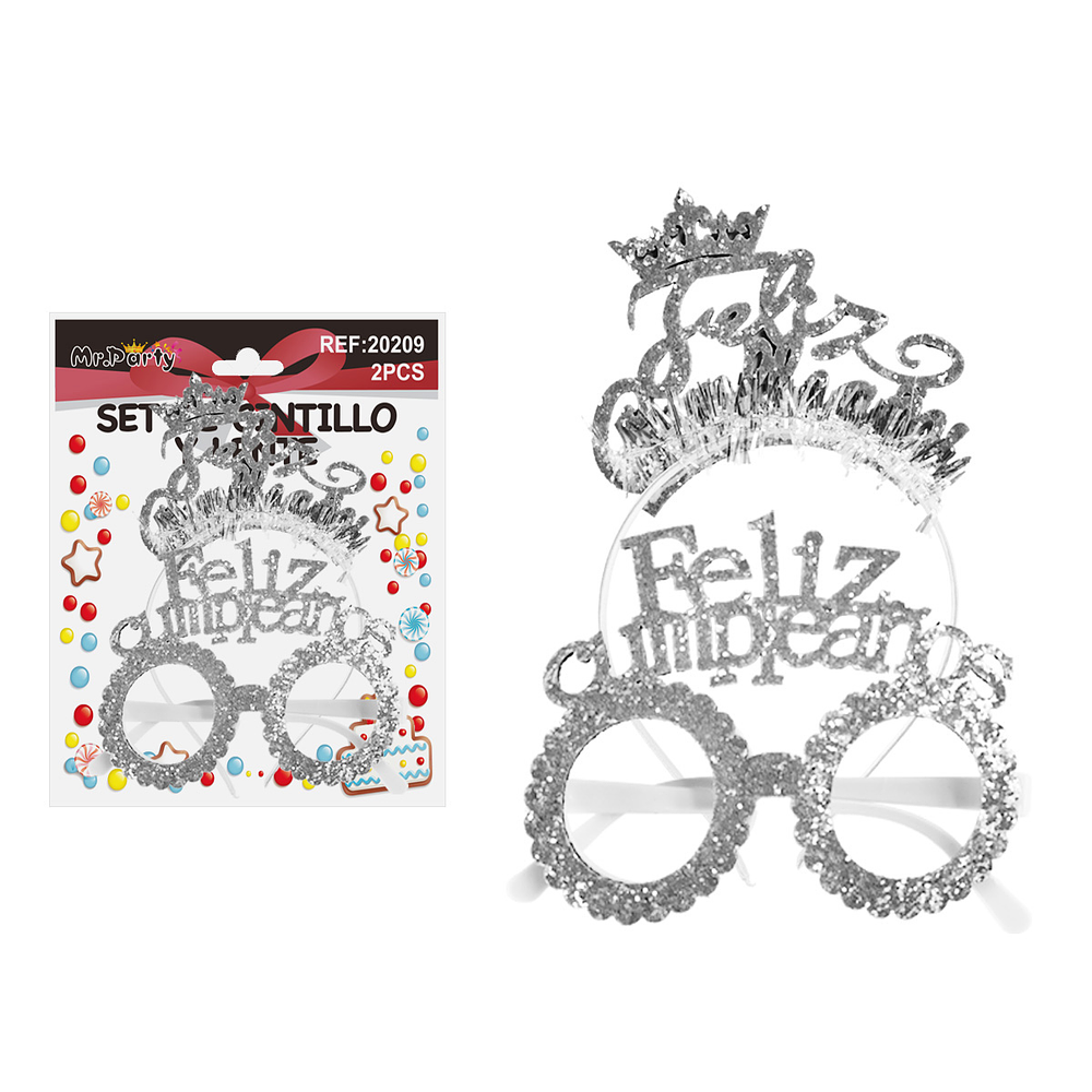Set de cintillo y lentes Feliz cumpleaños plateado con glitter 2pcs