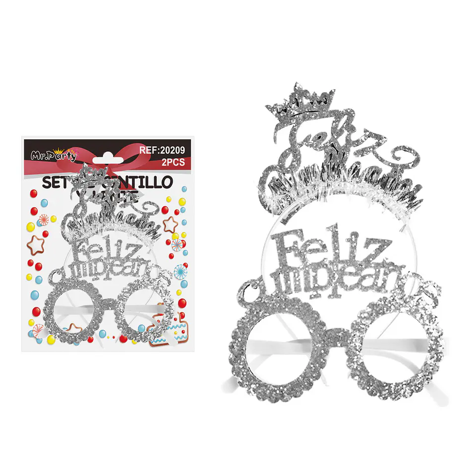 Set de cintillo y lentes Feliz cumpleaños plateado con glitter 2pcs 1