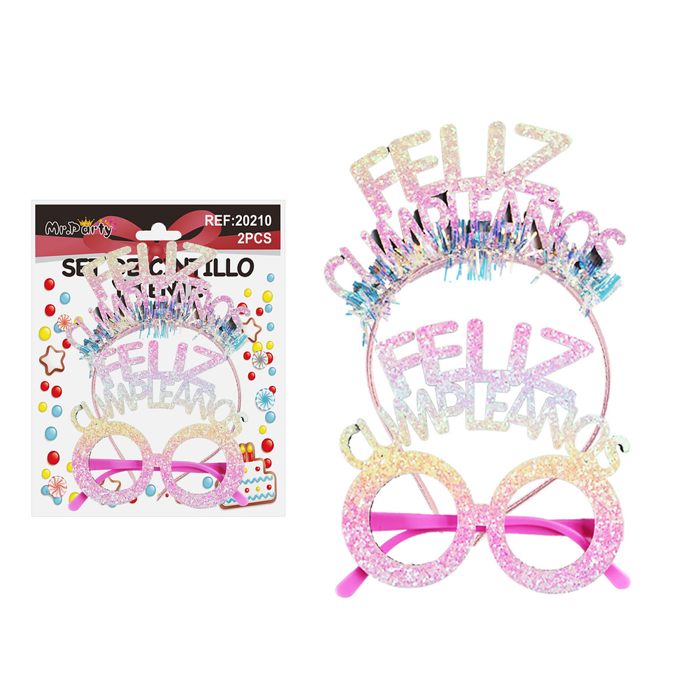 Set de cintillo y lentes Feliz cumpleaños multicolor con glitter 2pcs