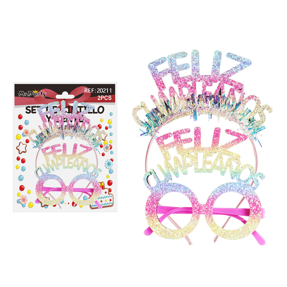 Set de cintillo y lentes Feliz cumpleaños multicolor con glitter 2pcs