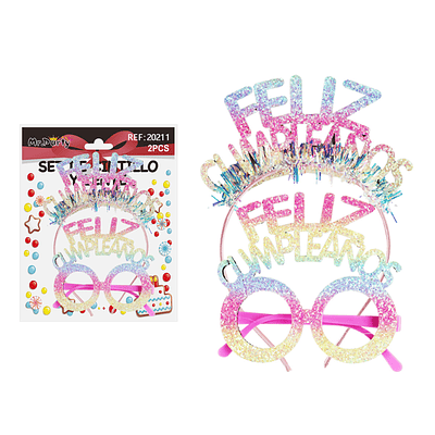 Set de cintillo y lentes Feliz cumpleaños multicolor con glitter 2pcs