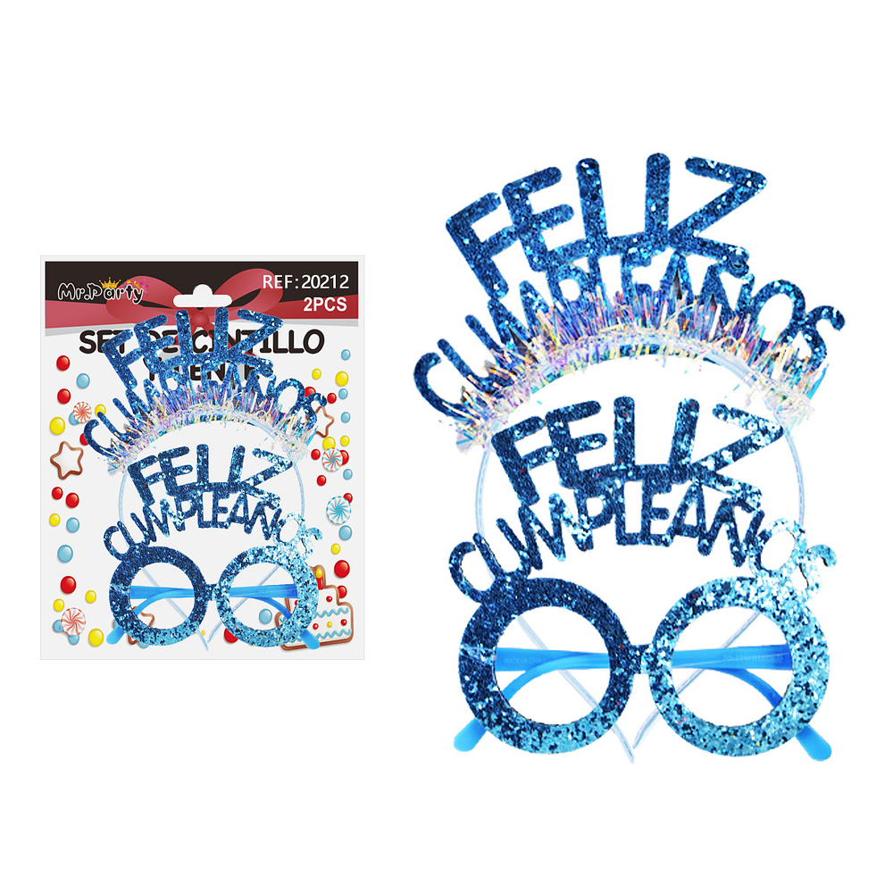 Set de cintillo y lentes Feliz cumpleaños azul con glitter 2pcs