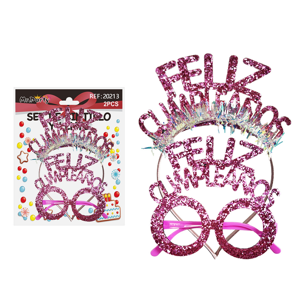Set de cintillo y lentes Feliz cumpleaños rosa con glitter 2pcs