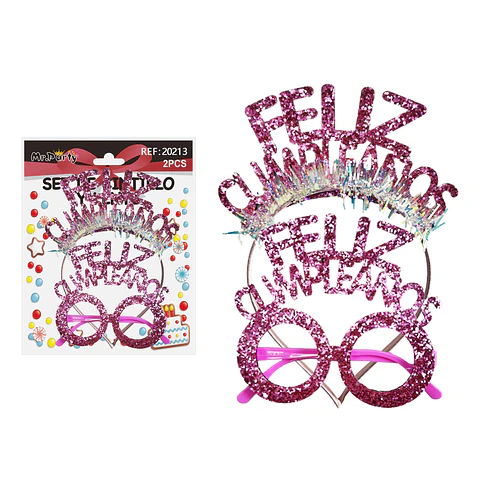 Set de cintillo y lentes Feliz cumpleaños rosa con glitter 2pcs
