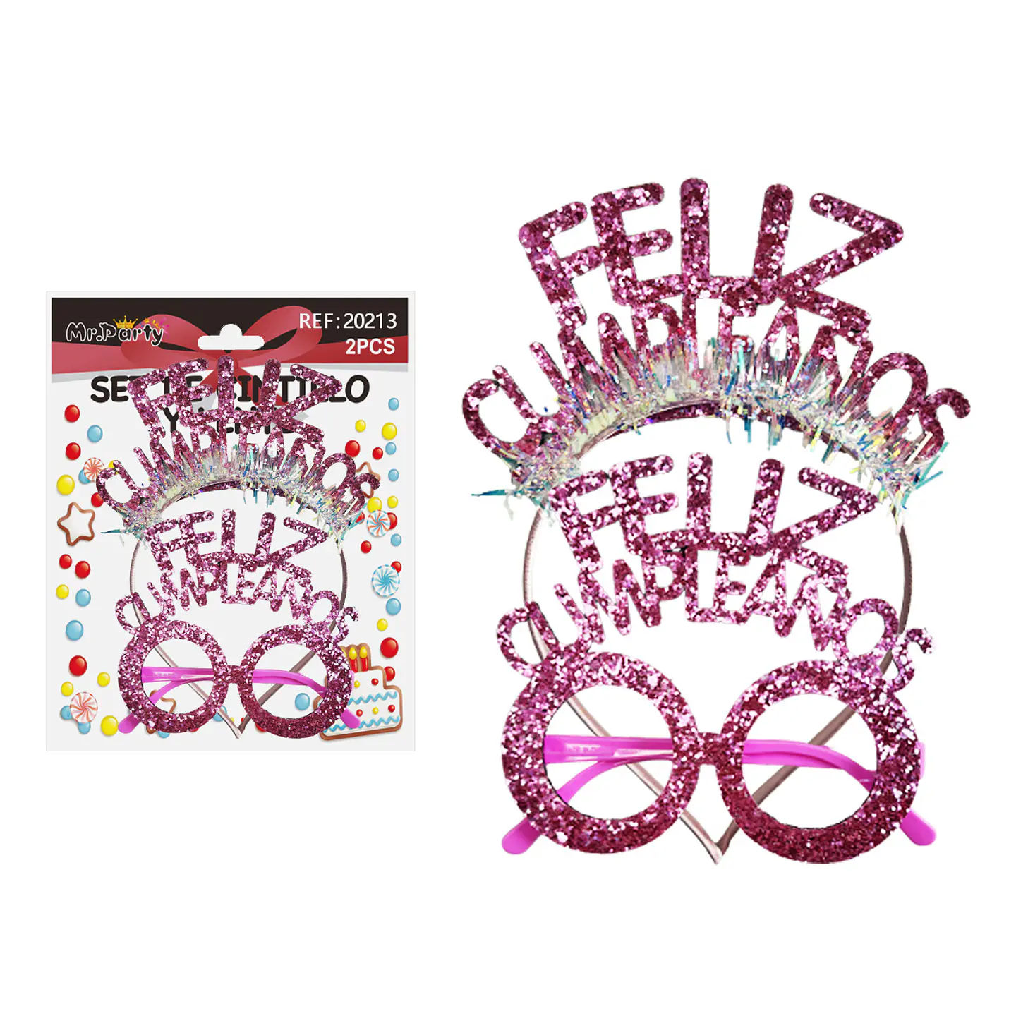 Set de cintillo y lentes Feliz cumpleaños rosa con glitter 2pcs 1