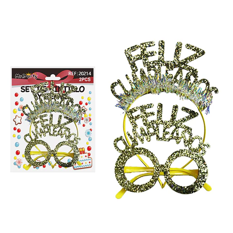 Set de cintillo y lentes Feliz cumpleaños dorado con glitter 2pcs