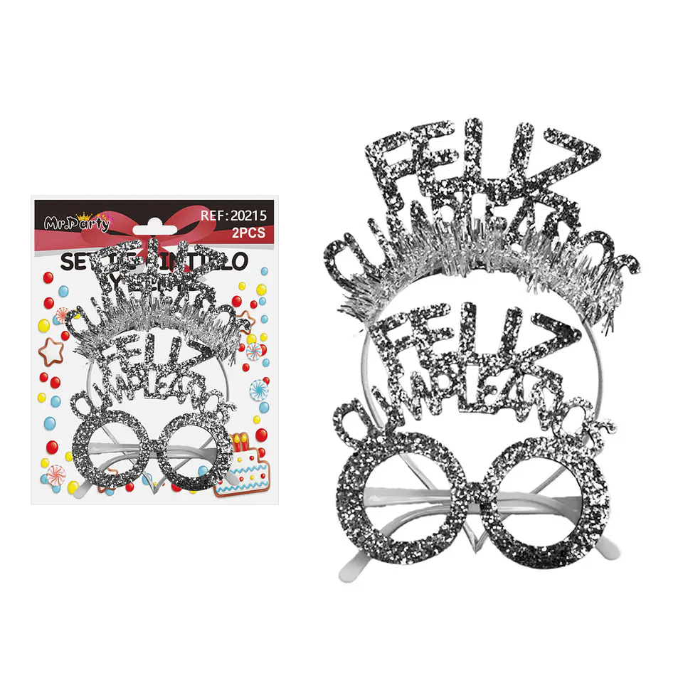 Set de cintillo y lentes Feliz cumpleaños plateado con glitter 2pcs 1