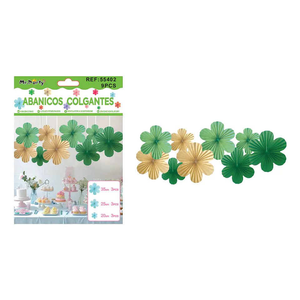 Abanicos de papel colgantes para decoración verde 9pcs 1