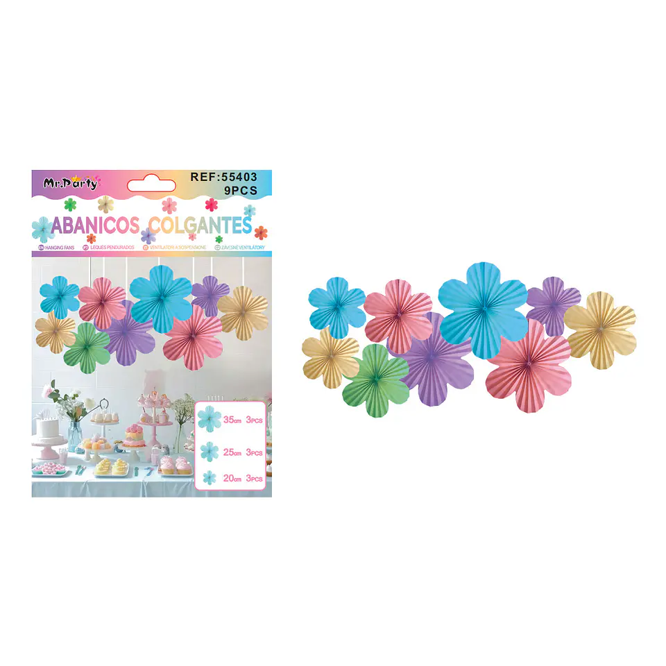Abanicos de papel colgantes para decoración color macarón 9pcs 1