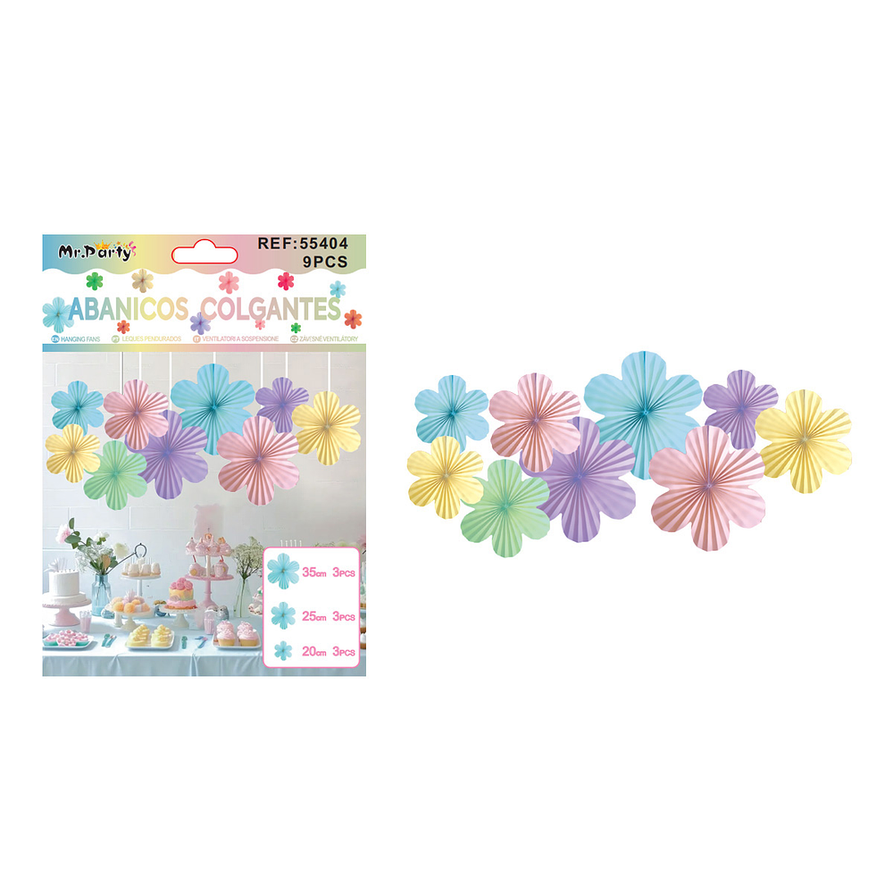 Abanicos de papel colgantes para decoración color macarón 9pcs
