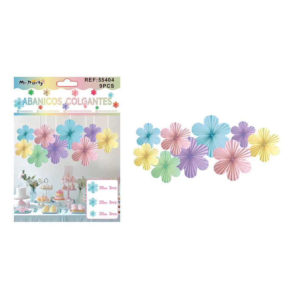 Abanicos de papel colgantes para decoración color macarón 9pcs 1