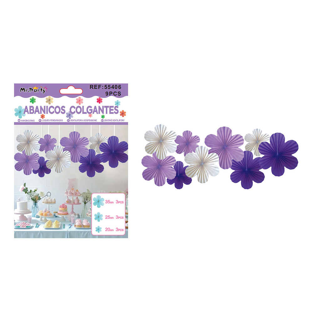 Abanicos de papel colgantes para decoración morado 9pcs