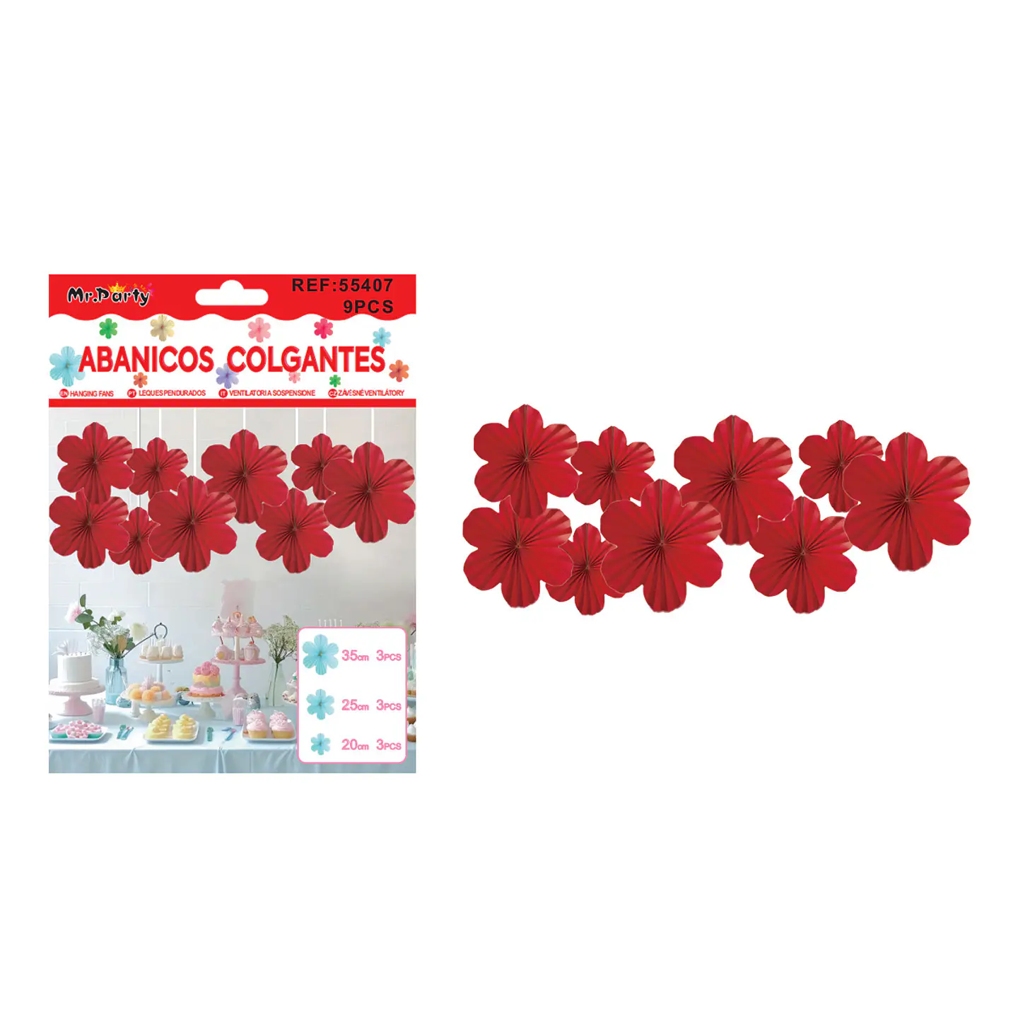 Abanicos de papel colgantes para decoración rojo 9pcs 1