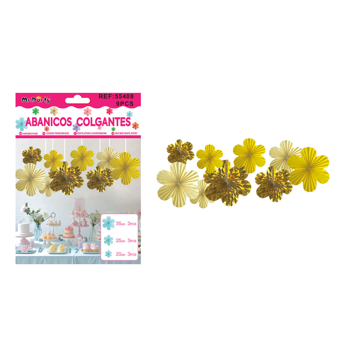 Abanicos de papel colgantes para decoración dorado 9pcs