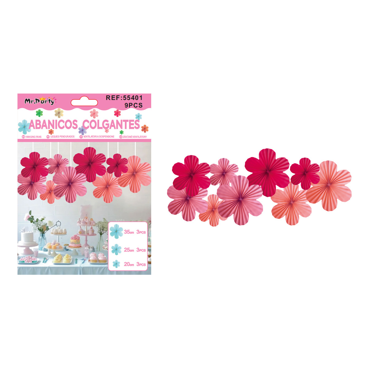 Abanicos de papel colgantes para decoración rosa 9pcs