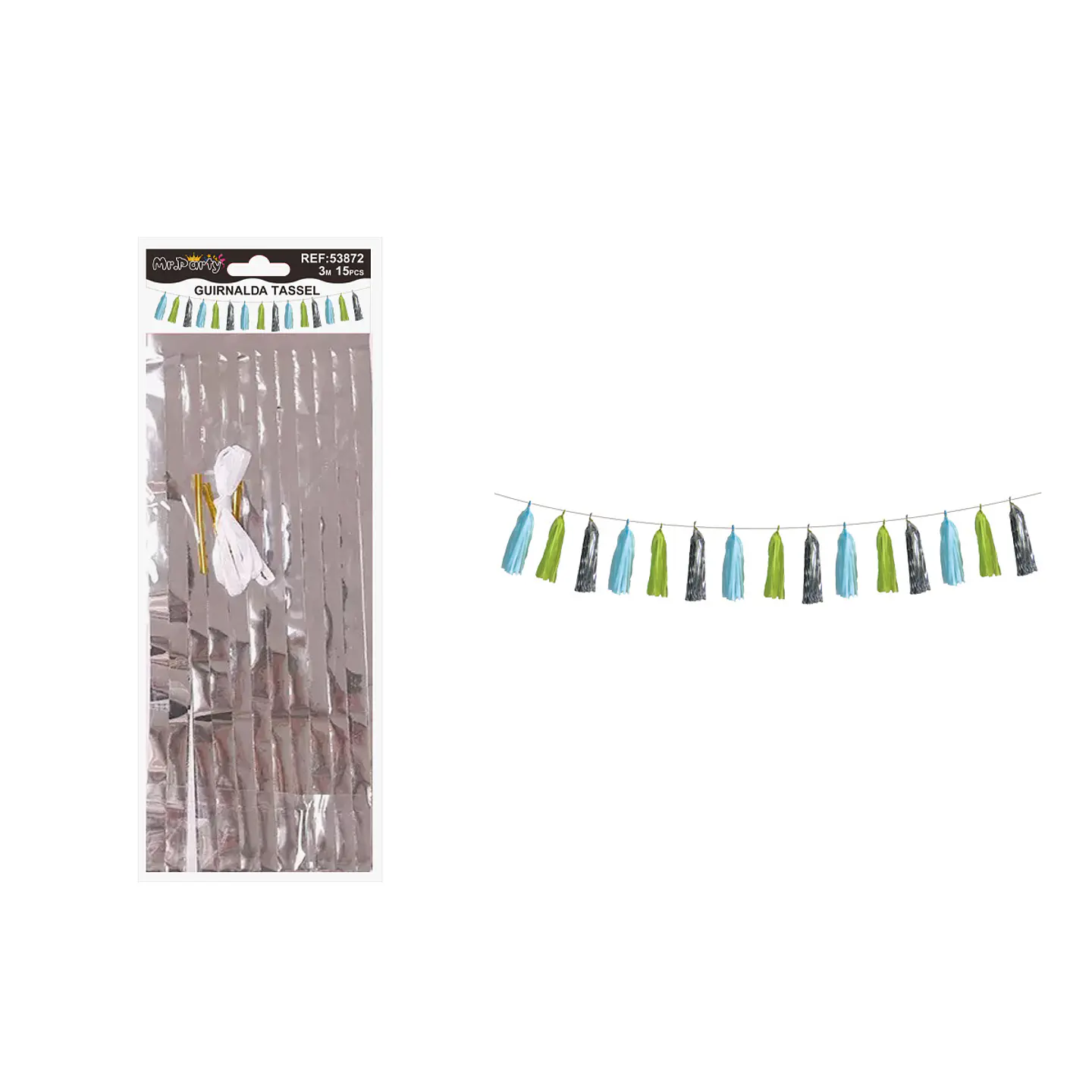 Guirnaldas tassel metálico azul y verde y plateado 36*24cm 3M 15pcs 1