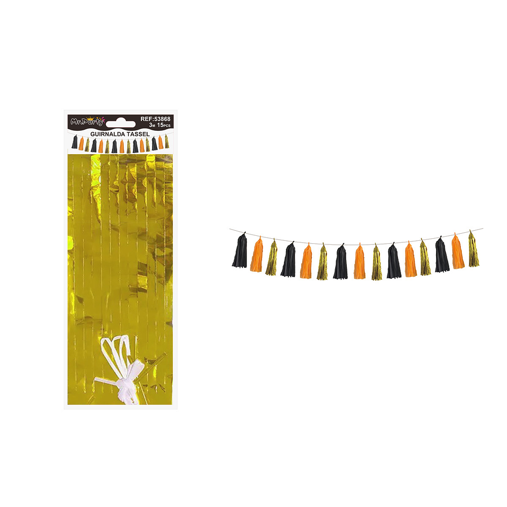 Guirnaldas tassel metálico negro, naranja y dorado 36*24cm 3M 15pcs 