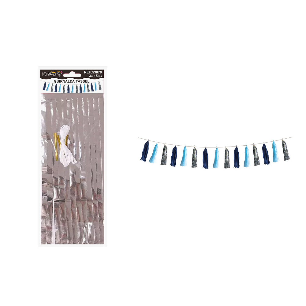 Guirnaldas tassel metálico azul rey, azul claro y plateado 36*24cm 3M 15pcs 