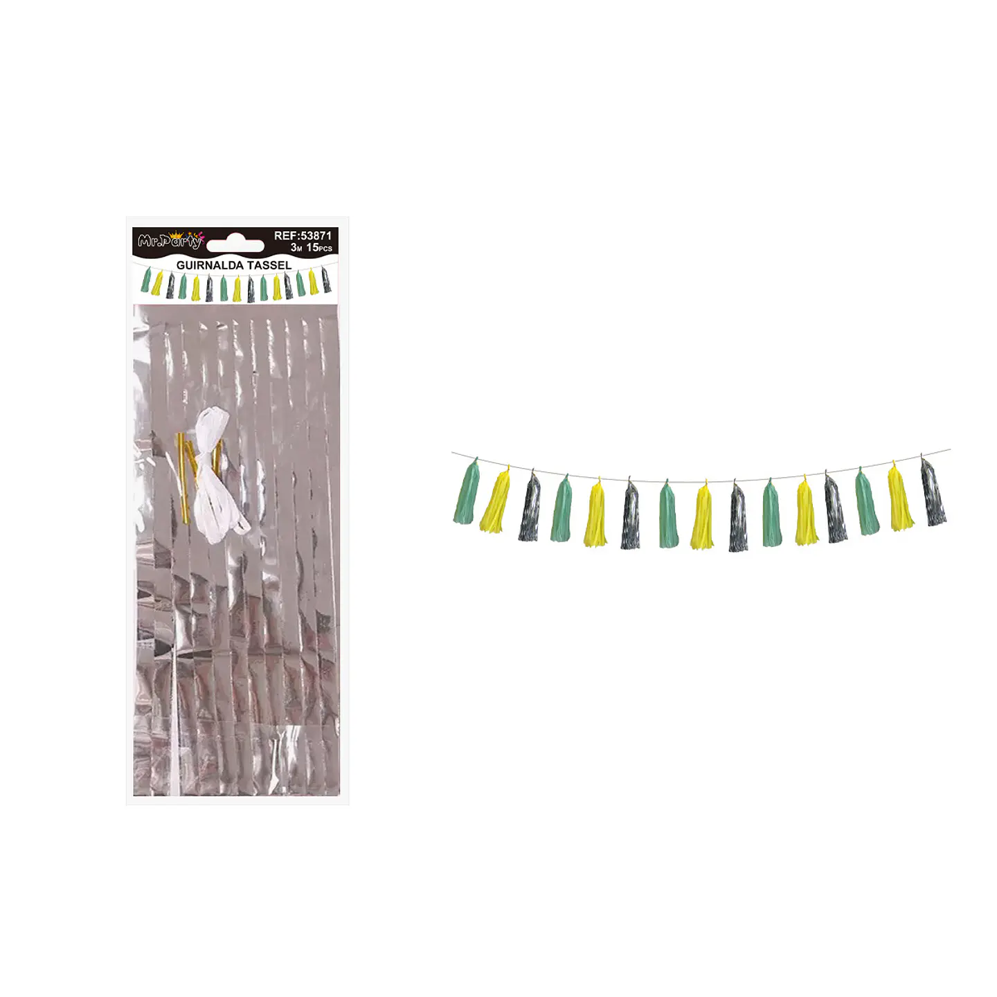 Guirnaldas tassel metálico verde, amarillo y plateado 36*24cm 3M 15pcs  1