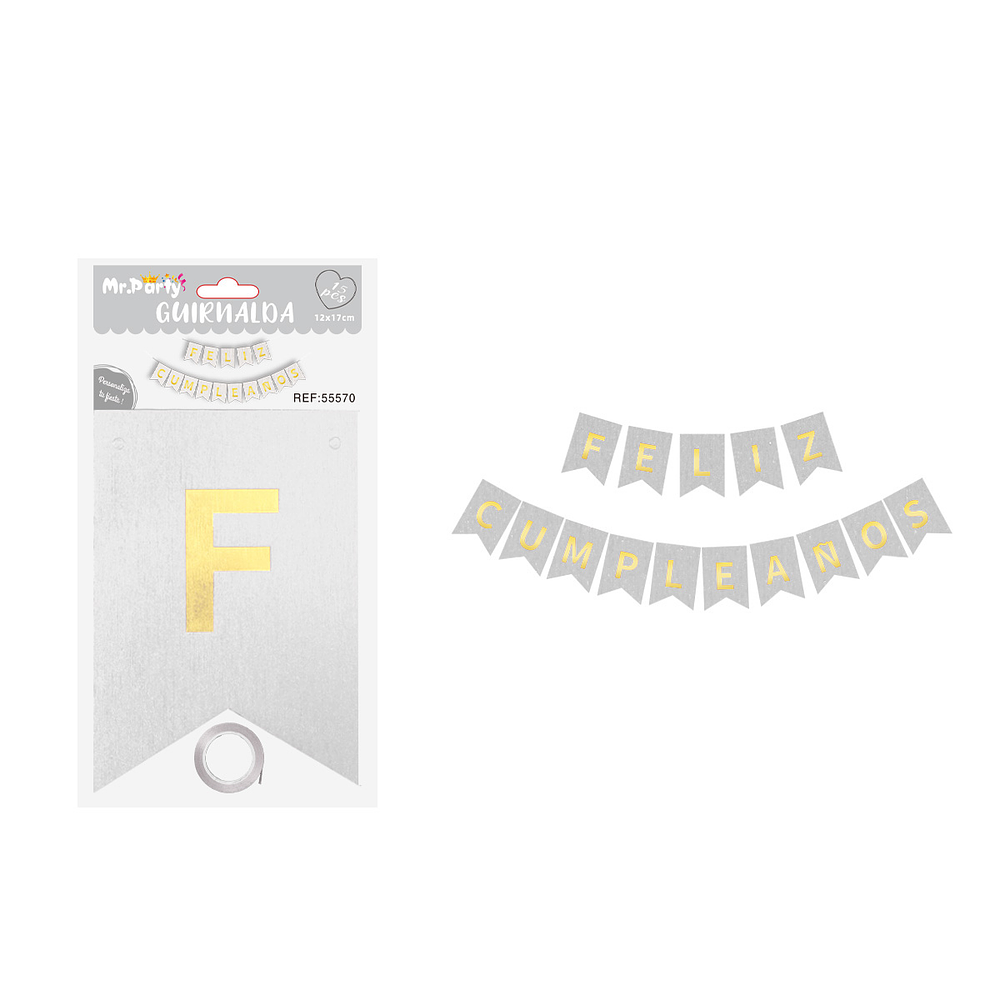 Guirnalda feliz cumpleaños purpurina plateado 12*17cm 15pcs