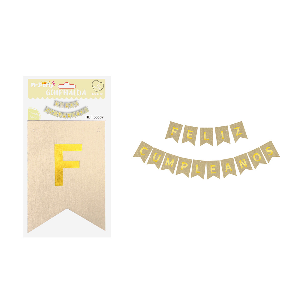 Guirnalda feliz cumpleaños purpurina dorado claro 12*17cm 15pcs