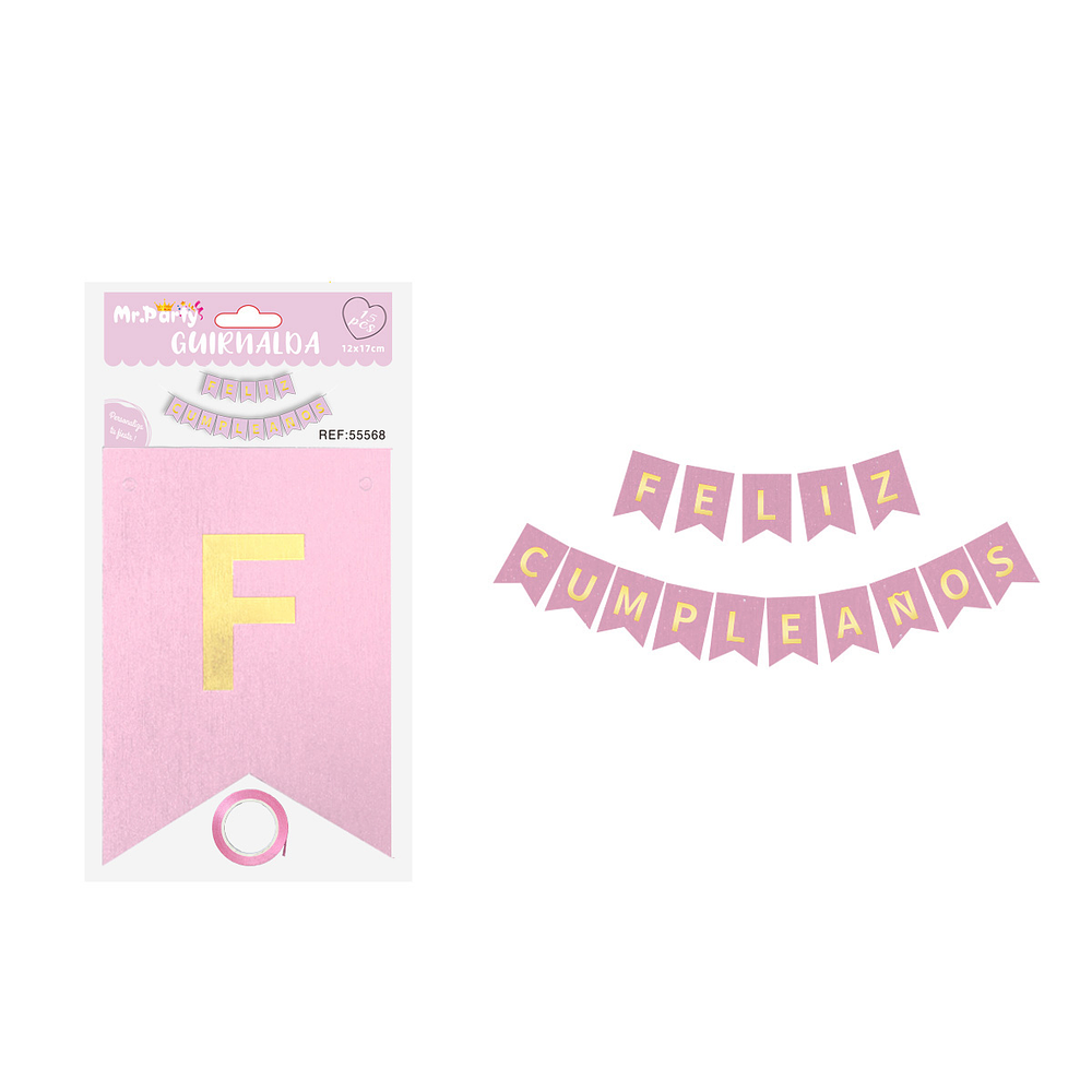 Guirnalda feliz cumpleaños purpurina rosa 12*17cm 15pcs