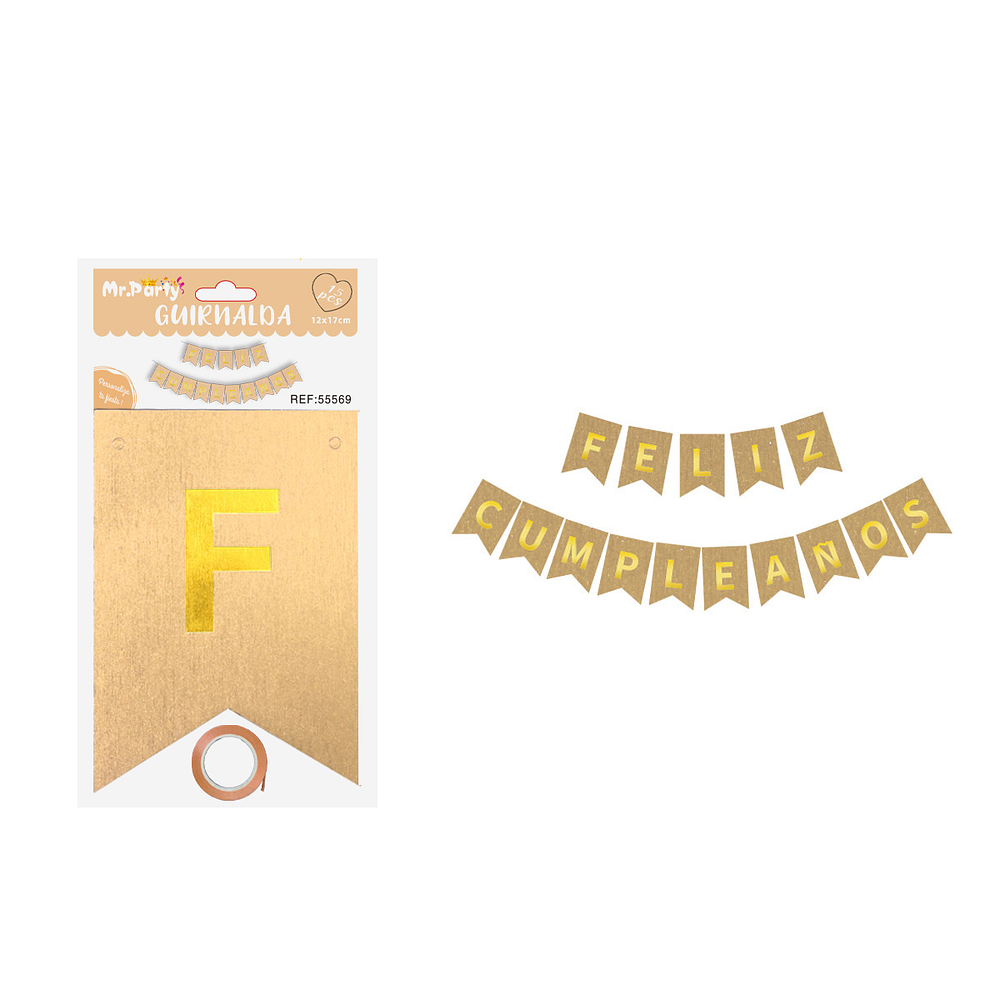 Guirnalda feliz cumpleaños purpurina naranja 12*17cm 15pcs