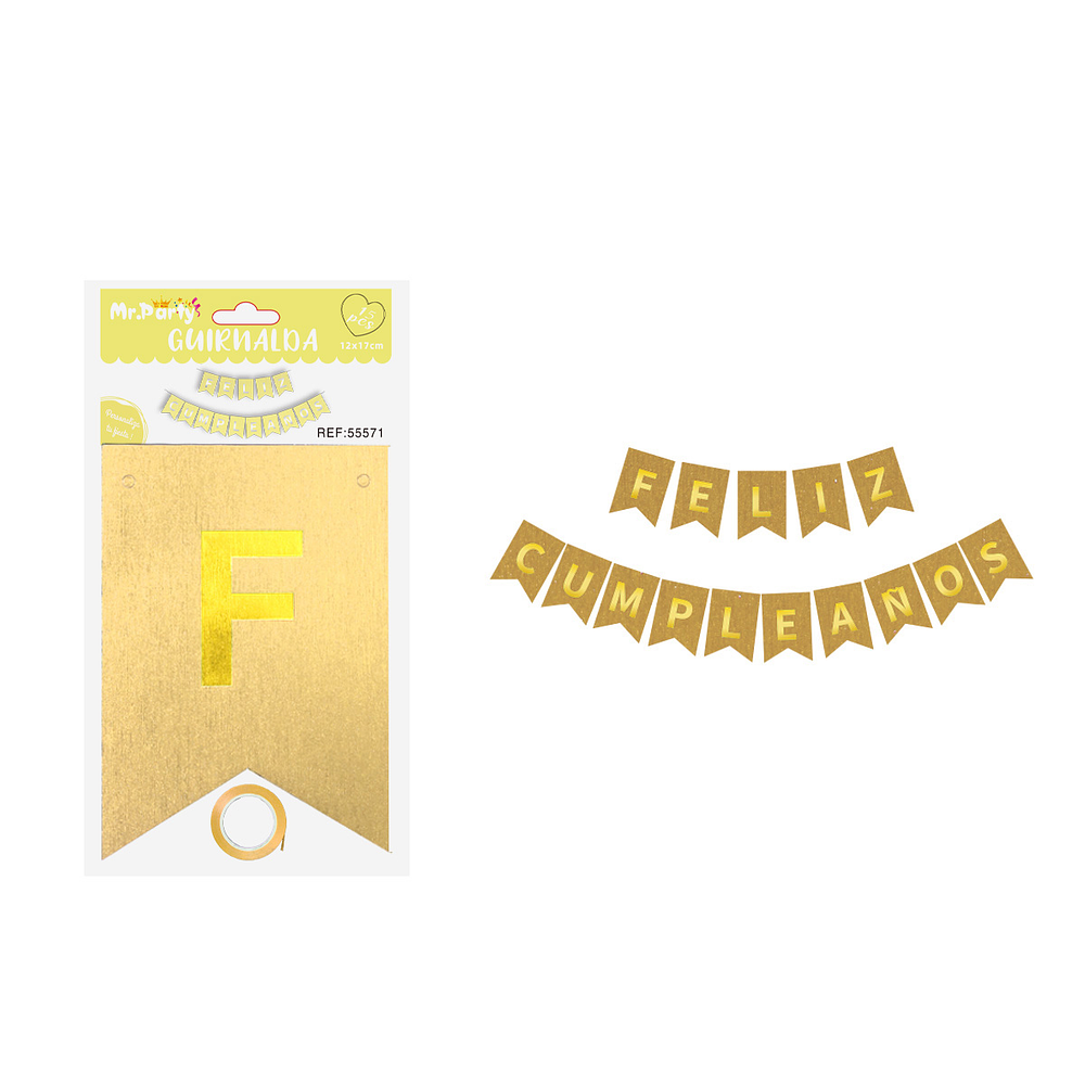 Guirnalda feliz cumpleaños purpurina dorado 12*17cm 15pcs