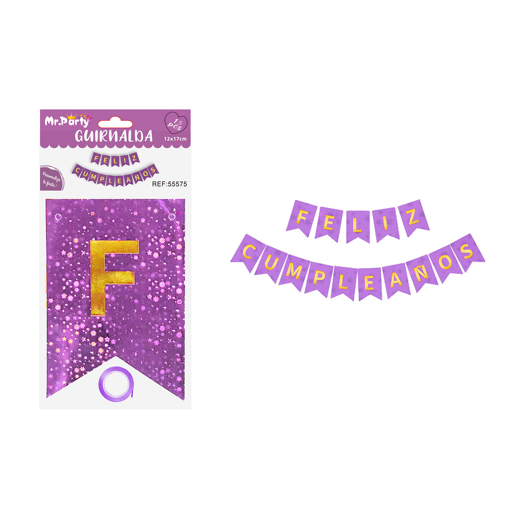 Guirnalda feliz cumpleaños con estrellas morado 12*17cm 15pcs