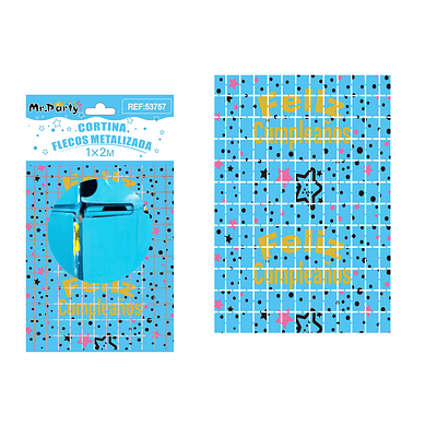 Cortina metalizada cuadrado con estrella Feliz cumpleaños azul 1*2m