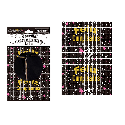 Cortina metalizada cuadrado con estrella Feliz cumpleaños negro 1*2m