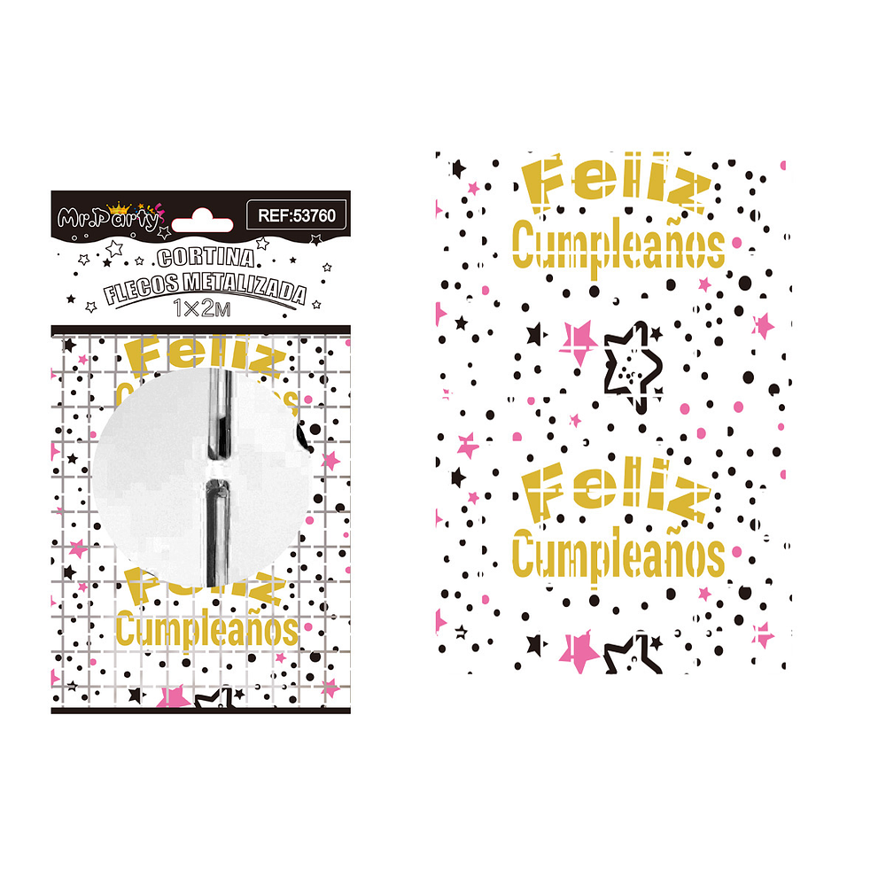 Cortina metalizada cuadrado con estrella Feliz cumpleaños blanco 1*2m