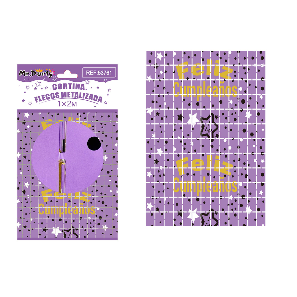 Cortina metalizada cuadrado con estrella Feliz cumpleaños morado 1*2m