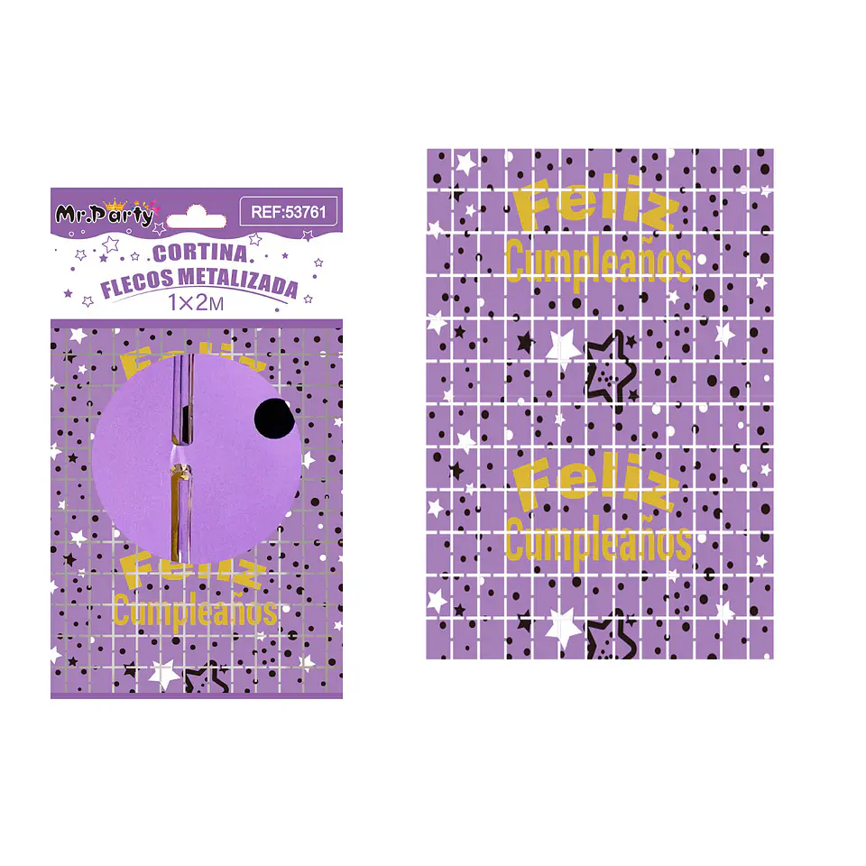 Cortina metalizada cuadrado con estrella Feliz cumpleaños morado 1*2m 1