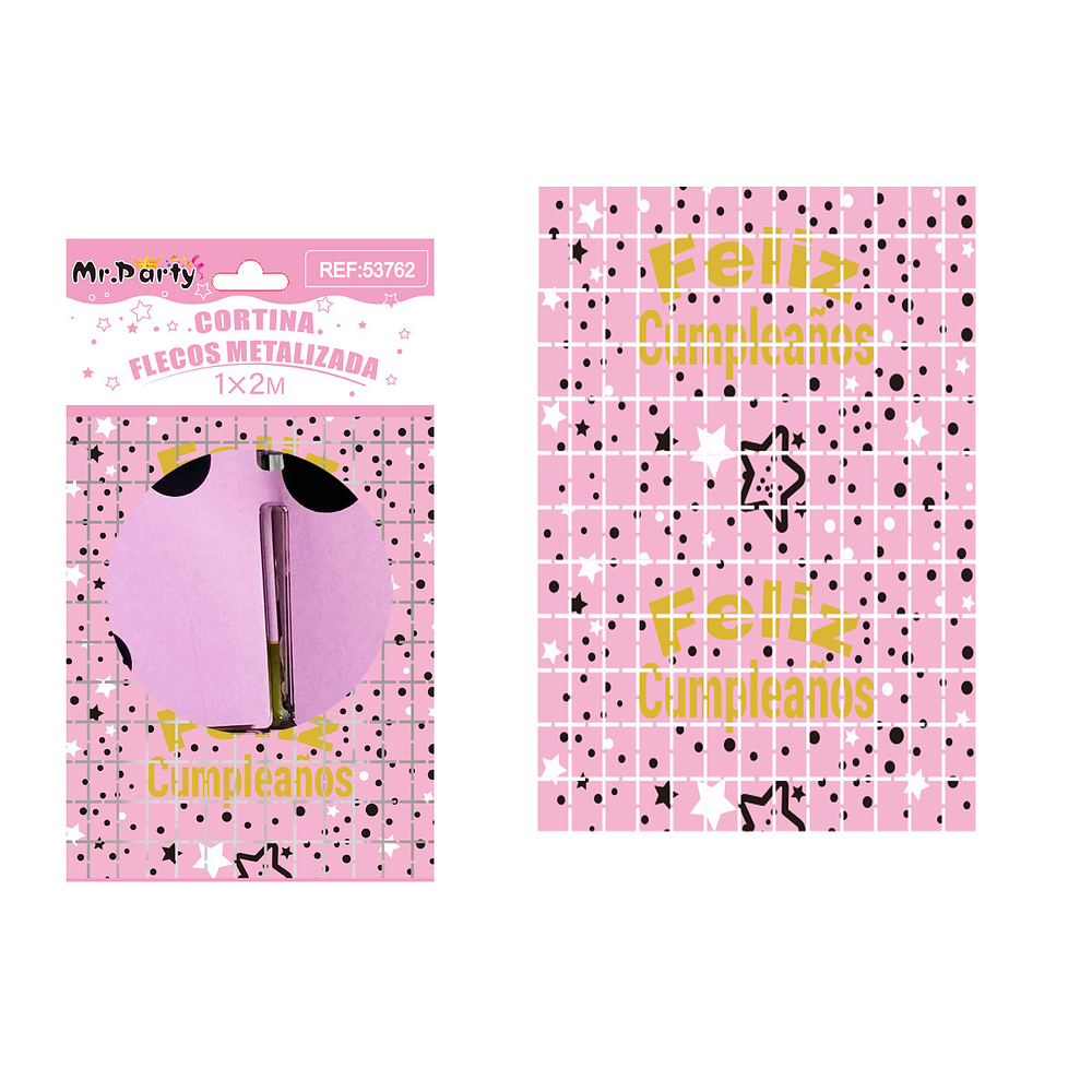 Cortina metalizada cuadrado con estrella Feliz cumpleaños rosa 1*2m