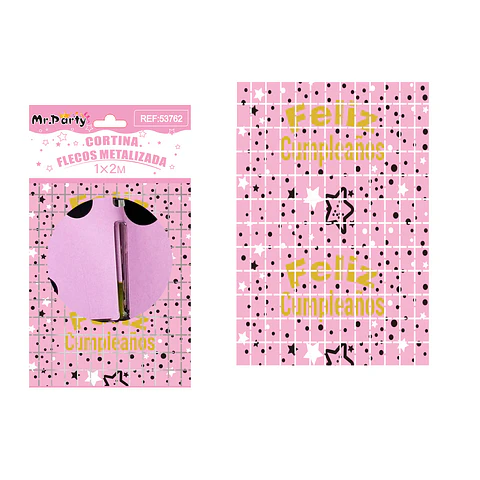 Cortina metalizada cuadrado con estrella Feliz cumpleaños rosa 1*2m
