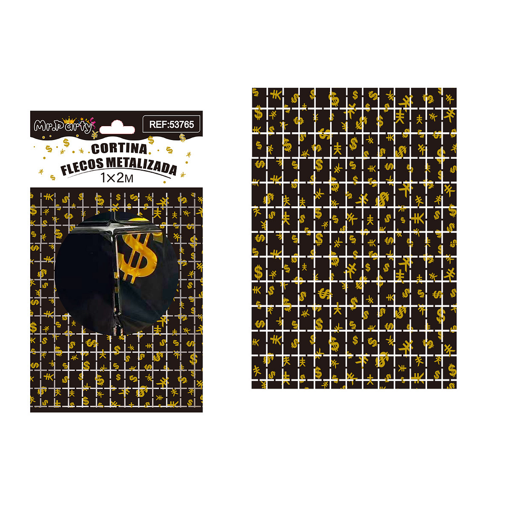 Cortina metalizada negro con estampado dolares 1*2m
