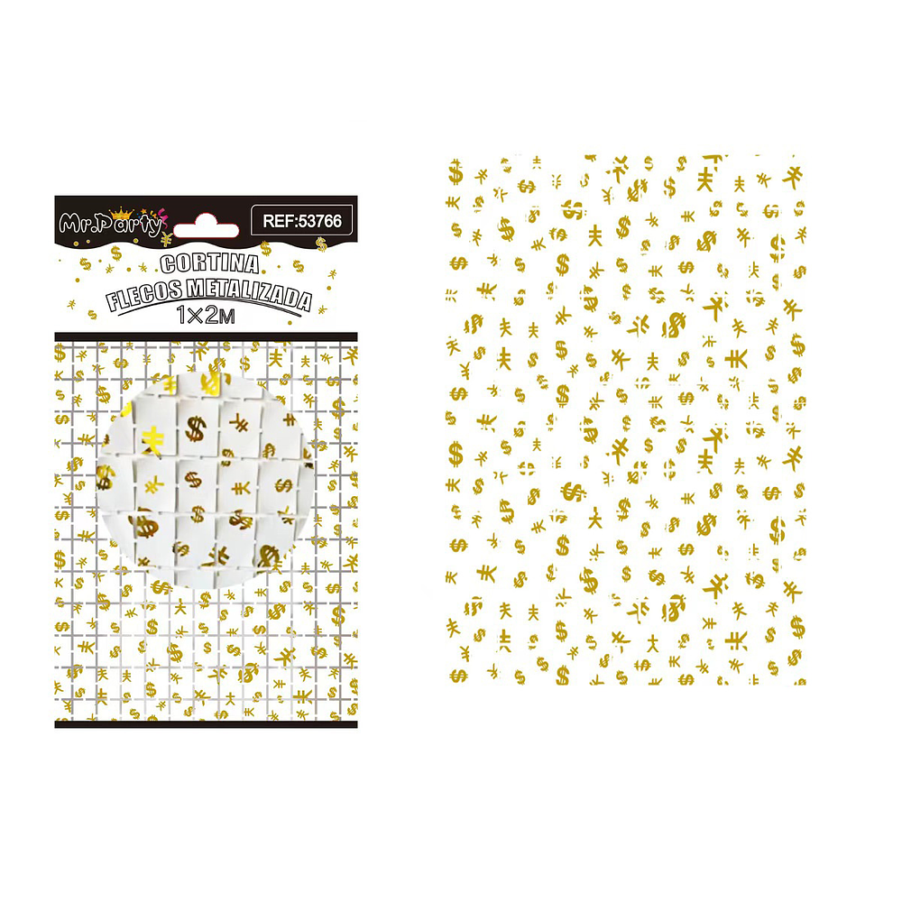 Cortina metalizada blanco con estampado dolares 1*2m