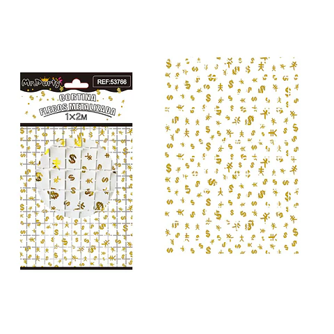 Cortina metalizada blanco con estampado dolares 1*2m
