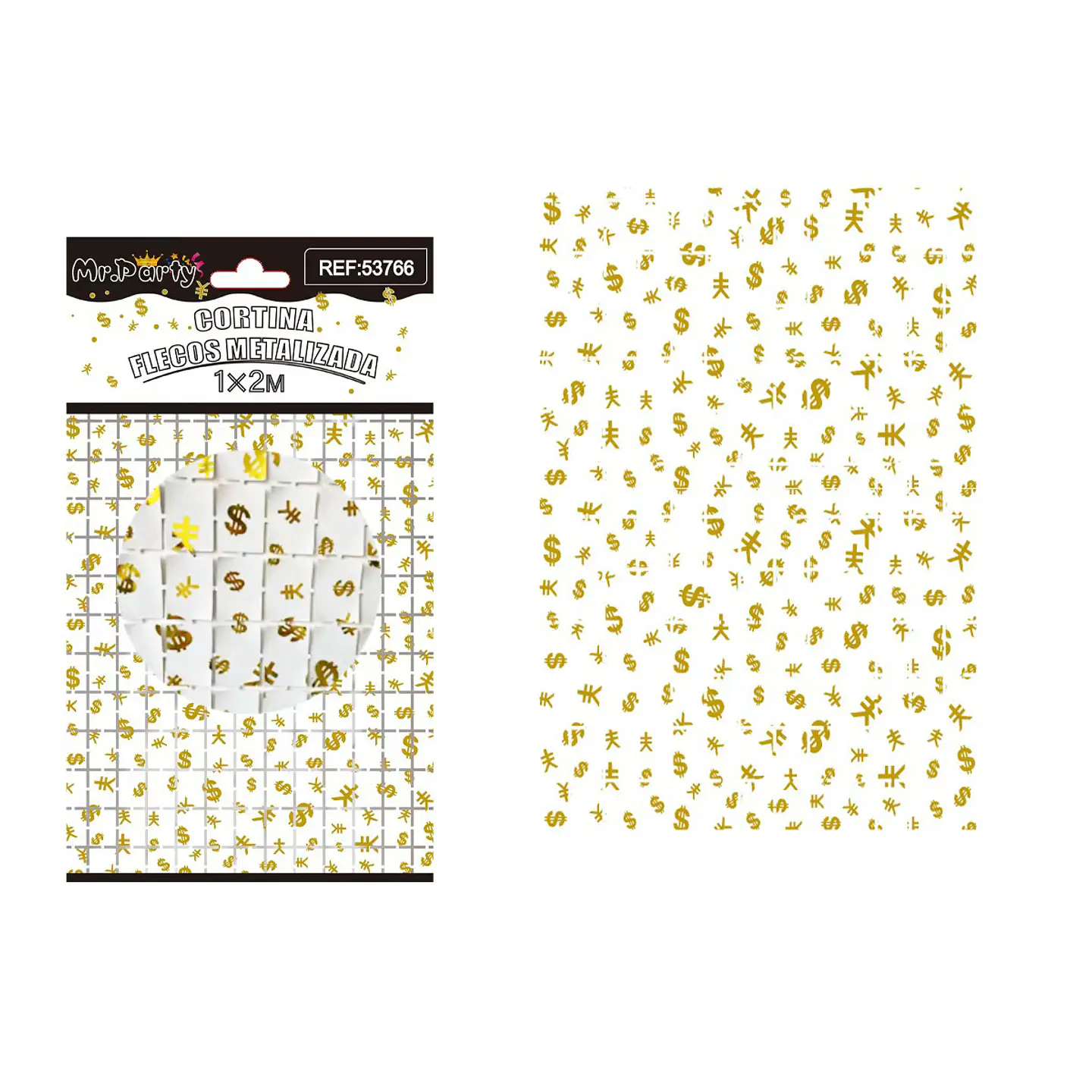 Cortina metalizada blanco con estampado dolares 1*2m 1