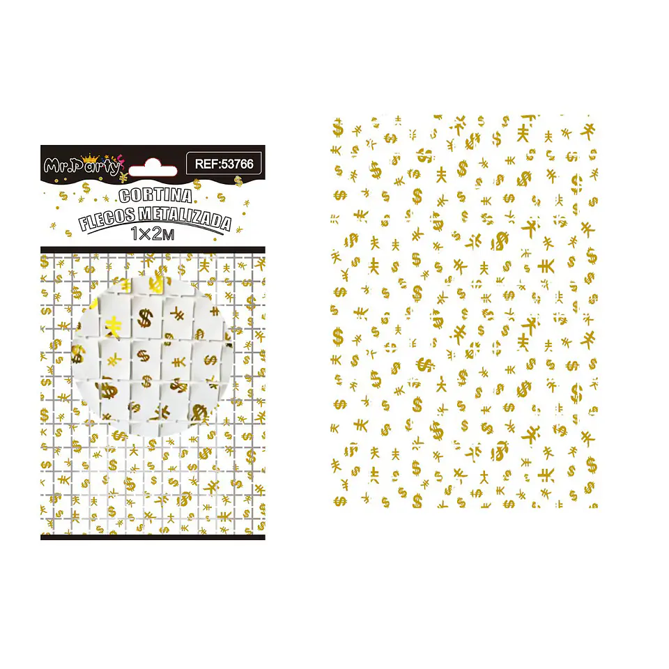 Cortina metalizada blanco con estampado dolares 1*2m 1