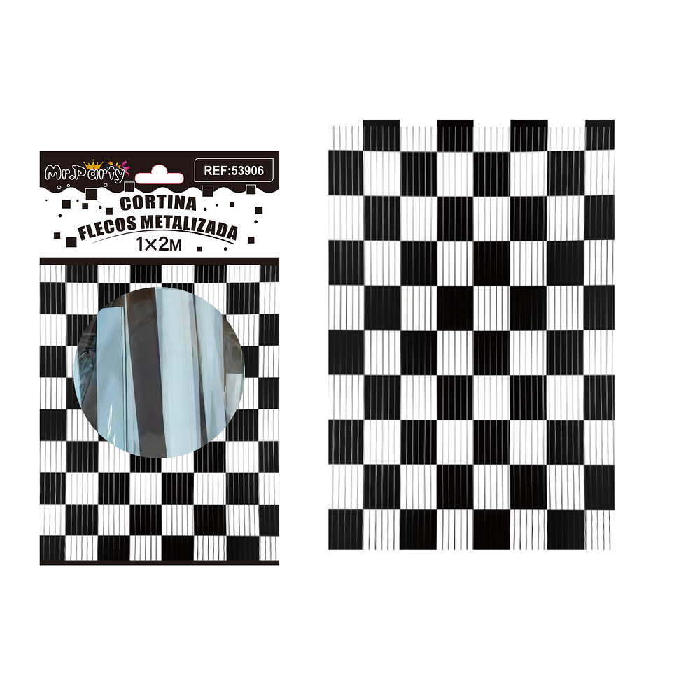 Cortina flecos bicolor cuadriculada blanco y negro 1*2m