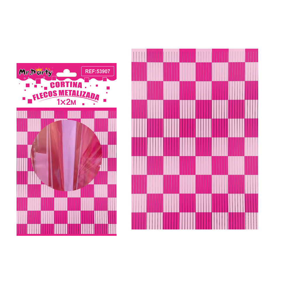 Cortina flecos bicolor cuadriculada rosa y fucsia 1*2m