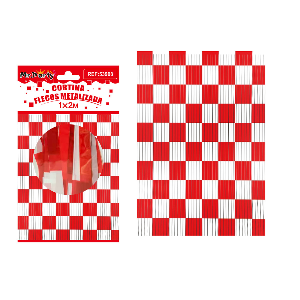 Cortina flecos bicolor cuadriculada rojo y blanco 1*2m