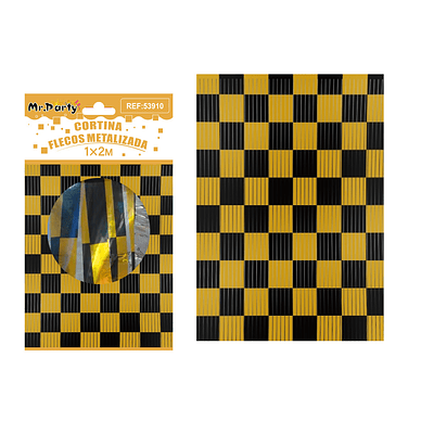 Cortina flecos bicolor cuadriculada negro y dorado 1*2m