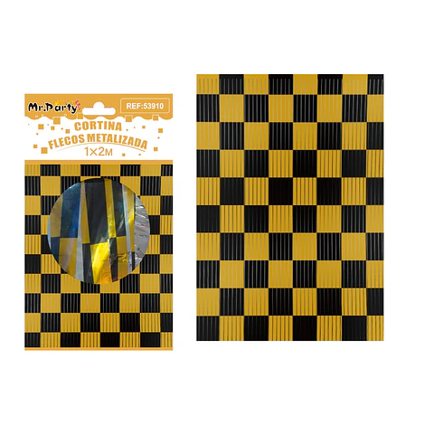 Cortina flecos bicolor cuadriculada negro y dorado 1*2m