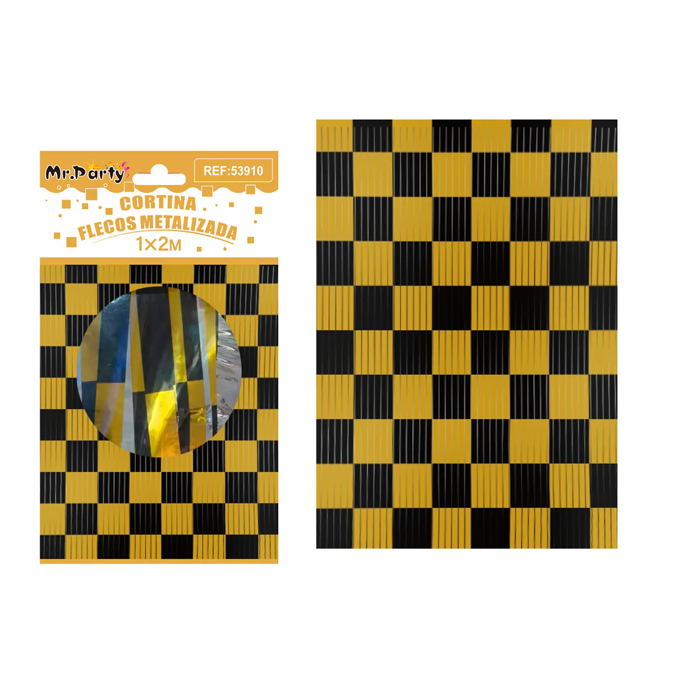 Cortina flecos bicolor cuadriculada negro y dorado 1*2m 1