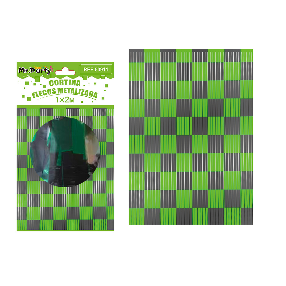 Cortina flecos bicolor cuadriculada negro y verde 1*2m