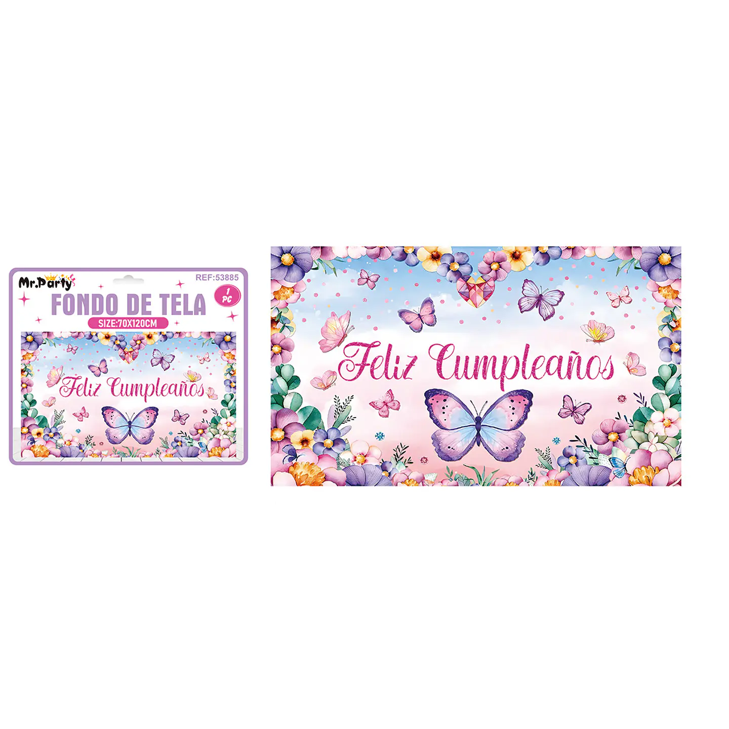 Fondo de tela feliz cumpleaños flor y mariposa 120*70cm 1